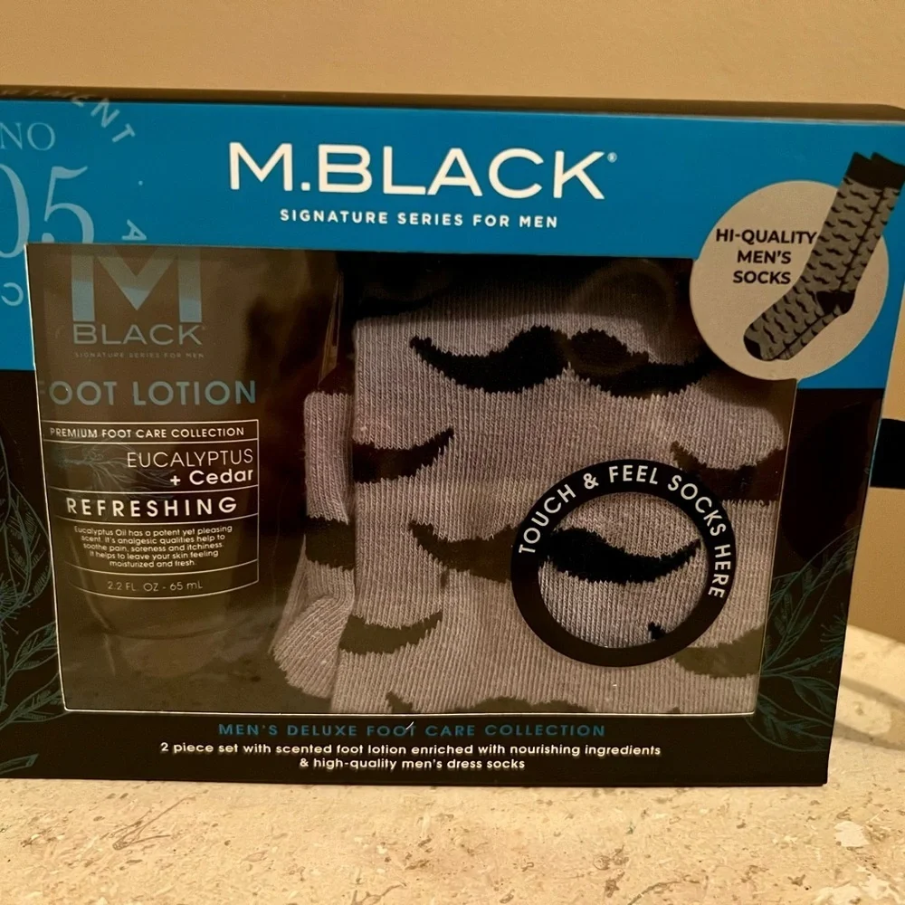 M. Black Gray Mustache Men's Socks & Foot Lotion Set